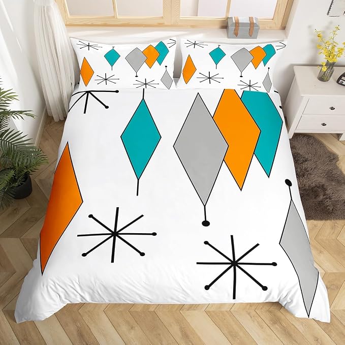 Erosebridal Colorful Aesthetic Duvet Cover Twin Diomand Bedding Set, Retro Atomic Comforter Cover Modern Mid Century Bed Set, Bohemian Minimalist Bedding Breathable 2pcs (Zipper Closure)