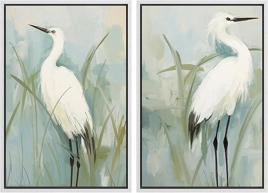 MUDECOR Framed Canvas Print Wall Art White Heron Pair in Marsh Coastal Illustrations Modern Art Decorative Bohemian Colorful for Living Room, Bedroom, Office - 16"x24"x2 White
