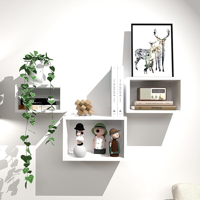 Premium Warm White Floating Cube Shelves, Eco-Friendly Wood Box-Style Wall Storage Display Set of 3 — Pre-Assembled, Ready to Use, Modern Decorative Wall Shelf Units for Living Room, Bedroom & Office