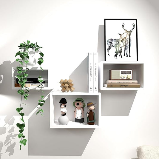 Premium Warm White Floating Cube Shelves, Eco-Friendly Wood Box-Style Wall Storage Display Set of 3 — Pre-Assembled, Ready to Use, Modern Decorative Wall Shelf Units for Living Room, Bedroom & Office