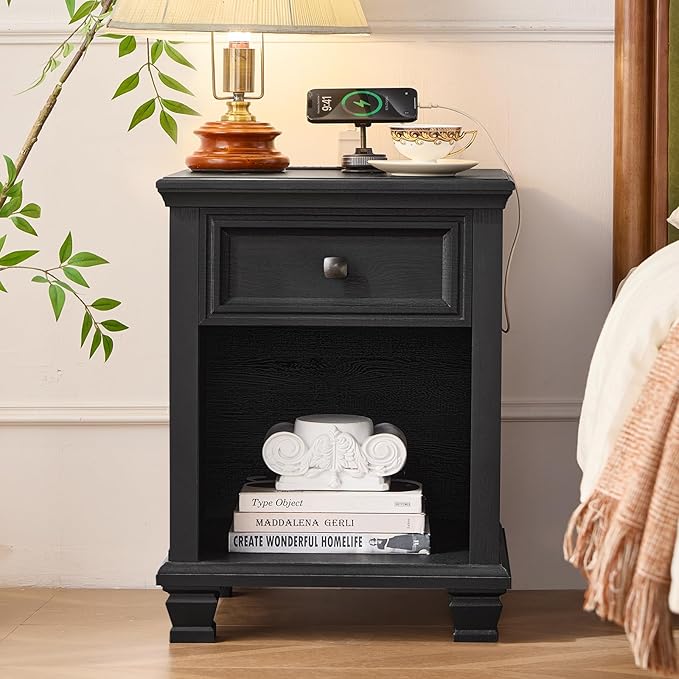 Farmhouse End Tables Living Room Set of 2, Rustic Wood Nightstand with 1 Drawer, Bedside Table with Open Shelf for Bed Room, Side Table for Living Room, Black