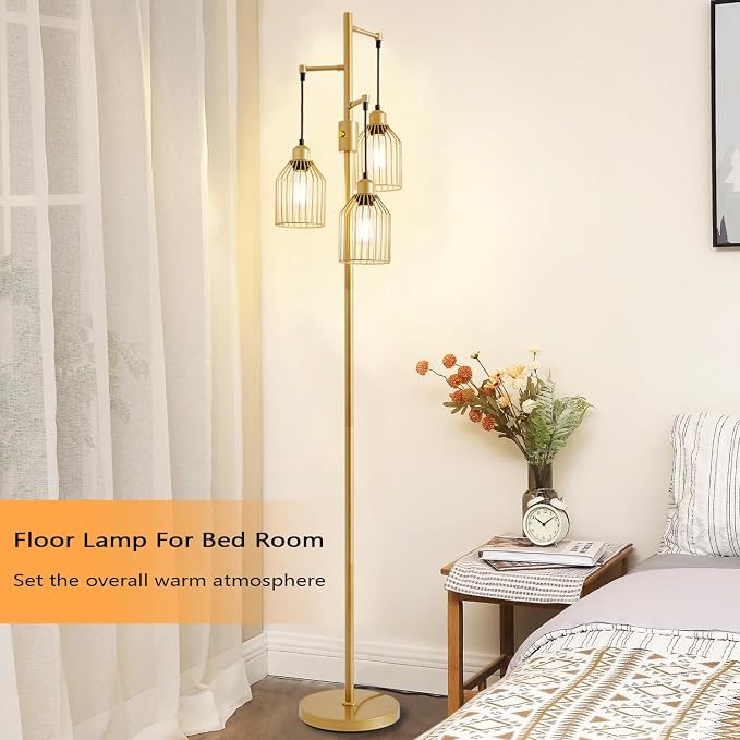Dimmable Industrial Floor Lamp with 3 Cage Heads, 68.5" Gold Tree Standing Lamp with Stepless Dimming, Modern Farmhouse Tall Pole Light for Living Room, Bedroom, Office, E26 Base (Bulbs Included)