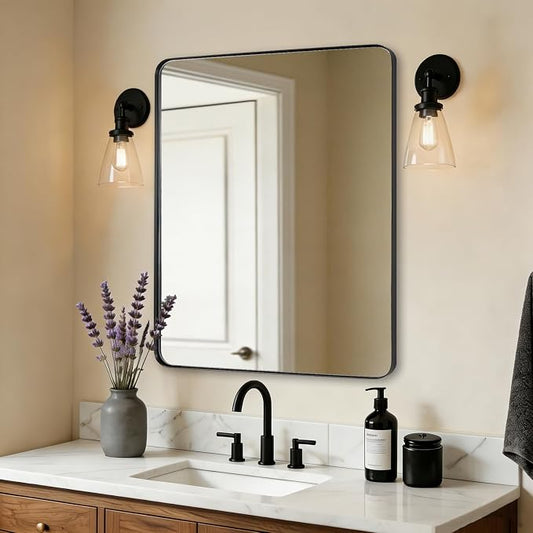 ANDY STAR Black Bathroom Mirrors for Over Sink, 24x32 Inch Matte Black Mirror for Bathroom, Rectangle Metal Vanity Mirror for Wall-Modern Clean Design with Superior Stainless Steel Frame