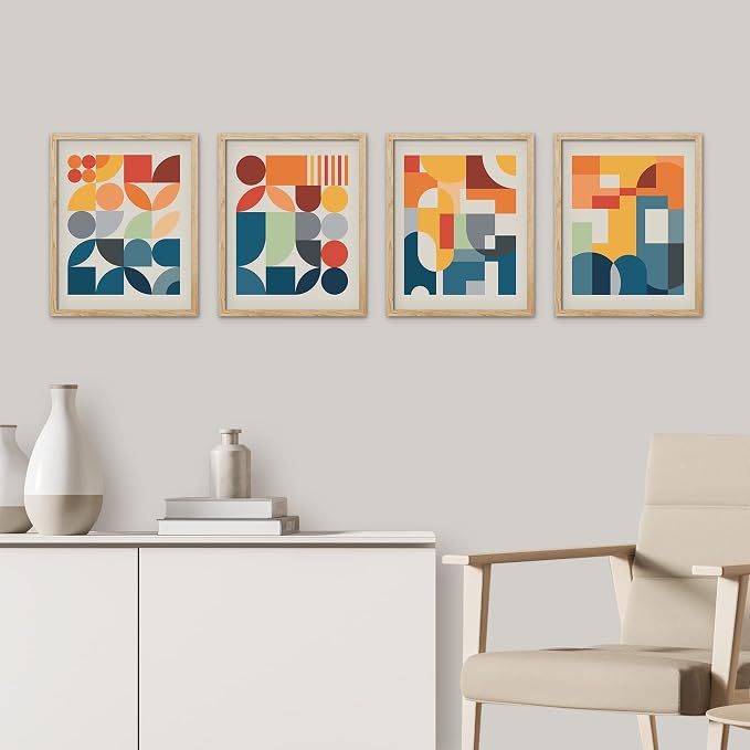 SIGNWIN Framed Mid-Century Modern Colorful Geometric Polygons Wall Art, Set of 4 Abstract Geometric Wall Decor Prints, Nature Wilderness Wall Décor for Living Room, Bedroom - 8"x10" Natural