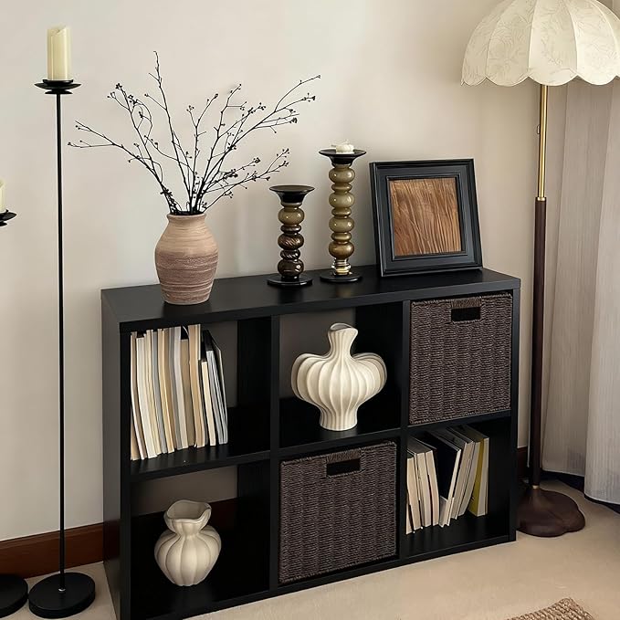 IRONMIX Metal 6 Cube Storage Organizer with 2 Storage Basket, Short Black Bookshelf with Storage, 2 Tier Horizontal Bookshelf Open Bookcase Cube Shelf for Home Office Library (Black, 1037 with Basket)
