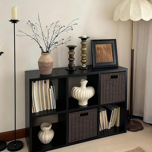IRONMIX Metal 6 Cube Storage Organizer with 2 Storage Basket, Short Black Bookshelf with Storage, 2 Tier Horizontal Bookshelf Open Bookcase Cube Shelf for Home Office Library (Black, 1037 with Basket)
