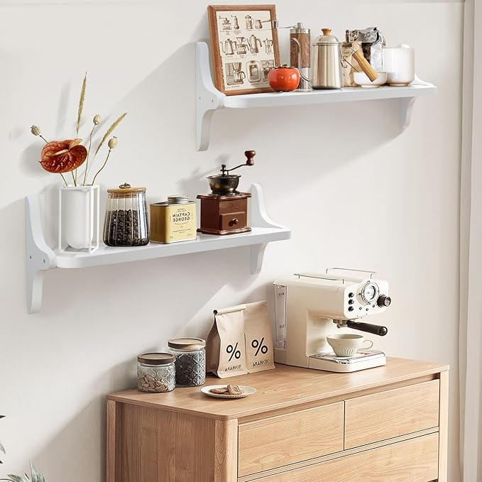 Wooden Floating Shelves for Wall, 23.6" W x 6" D x 0.8" H Large Wall Shelves, Hanging Storage Shelf with Sturdy Brackets for Living Room, Kitchen, Bathroom, Bedroom Decor, White, 2 Packs