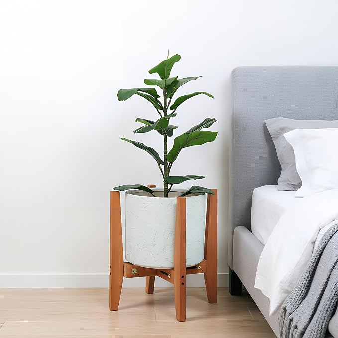 Wooden Adjustable Plant Stand, Mid Century Modern Metal Plant Holder for Indoor & Outdoor, Fits 8 to 15 Inch Planters, Heavy Duty Flower Pot Stand for Living Room, Corner, Patio (Brown,Pot & Plant Not Included)