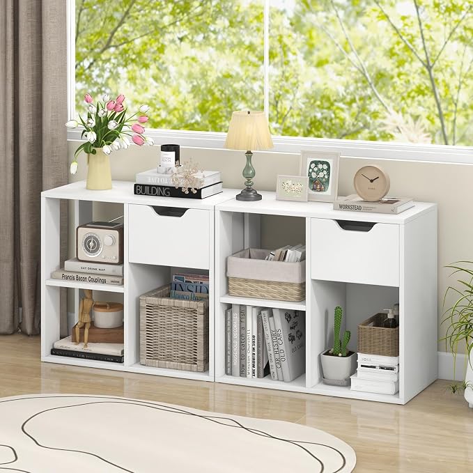 LOKO 3-Cube Bookshelf with Drawer Set of 2, 2-Tier Open Shelf Bookcase, Freestanding Display Shelf, Modern Home Storage Organizer, Shelving Unit for Living Room, Study, Office (1, White)