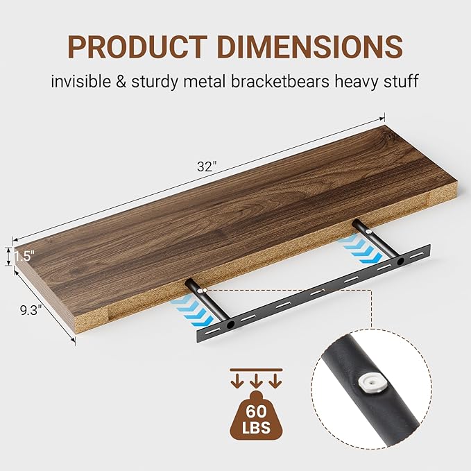 Floating Shelves for Wall,Walnut 32 Inch Floating Shelves Set of 2,9.3" Deep Wall Shelves for Bathroom Bedroom Living Room Kitchen Office,Wall Mounted Shelves for Books Storage Room,Home Decor