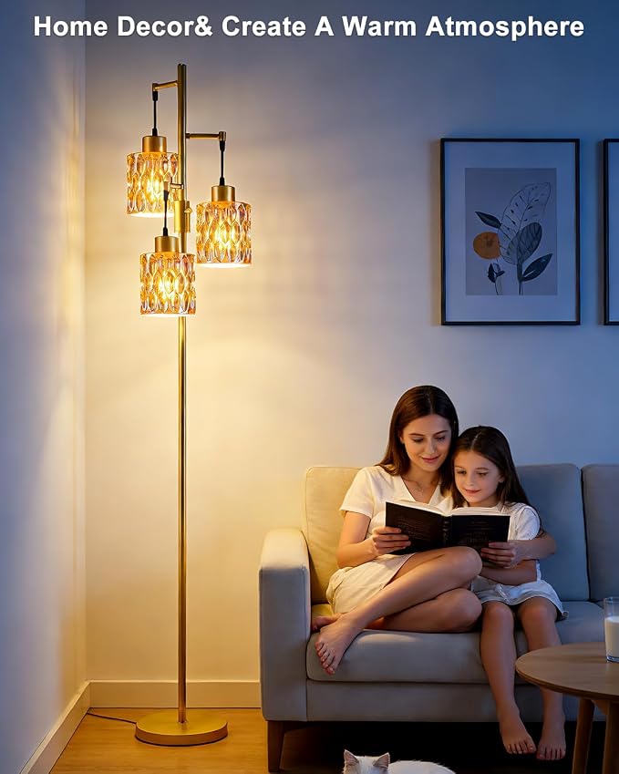 3-Light Modern Glass Floor Lamp, Gold Standing Tall Lamp with Amber Cylinder Glass Shade for Reading, Dimmable LED Floor Lamp with 5Lbs Heavy Base for Living Room Bedroom Home Decor, Bulb Included