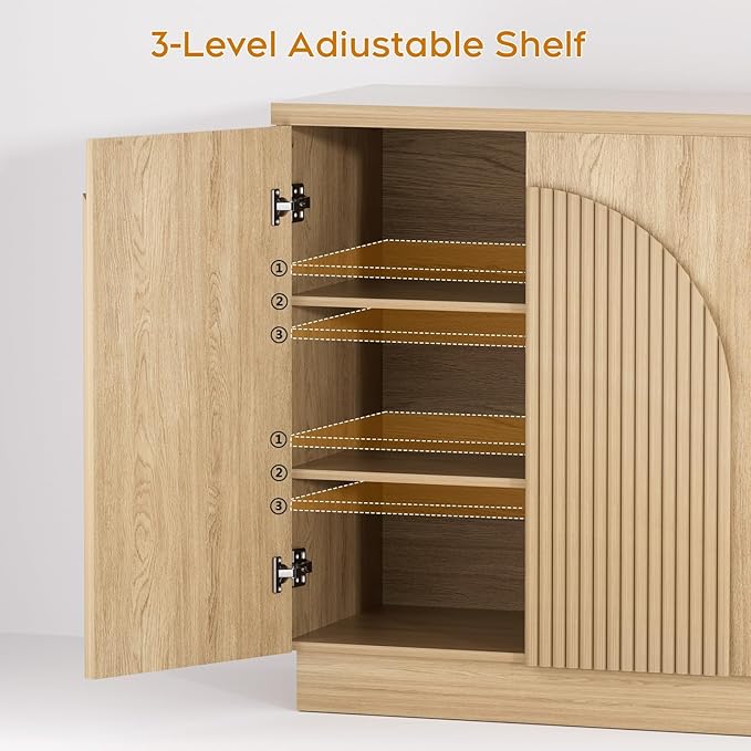Yechen Accent Fluted Sideboard Buffet Cabinet with Arched Reeded Design Doors, Mid Century Modern Credenza Storage Cabinet with 2 Adjustable Shelves, Media Console Table, For Living Room Dinning(2PCS)