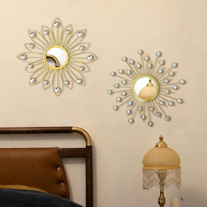2 Pack Metal Mirrors for Wall Boho Sunburst Wall Mirror Home Decor Modern Decorative Wall Art for Bedroom Living Room Entryway
