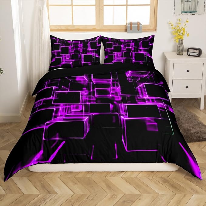 Erosebridal Fluorescent Purple and Black Kids Duvet Cover, Modern Geometric Square Bedding Sets Colorful Gradient Neon Light Honeycomb Bed Cover Queen 3 Pieces