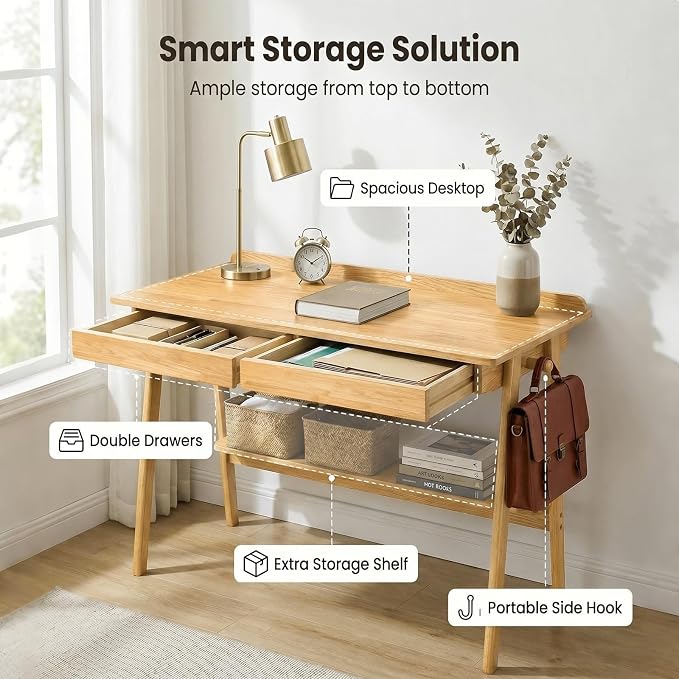 47" Small Solid Wood Desk with Drawers & Storage Shelf,, Walnut Wooden Standing Desk, Home Office Desk for Small Spaces, Mid Century Modern Desk for Study, Bedroom, Living Room, Office (Wood2, 47“)