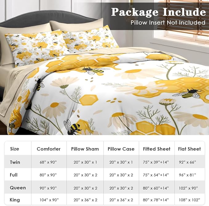 Pamnest Comforter Set King Size, Bees Honey Flower 7 Pcs Bedding for Kids and Adults, Spring Floral Summer Bed Sheet Sets with Fitted Sheet 2 Pillowcases & 2 Shams for Bedroom Bed Decor