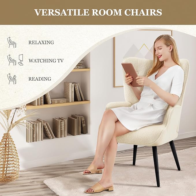 Furnimart Faux Fur White Accent Chair Mid Century Modern Living Room Chairs; Comfy Armchair Leisure Vanity Guest Wingback Chair for Office Study Vanity Bedroom Waiting Room White