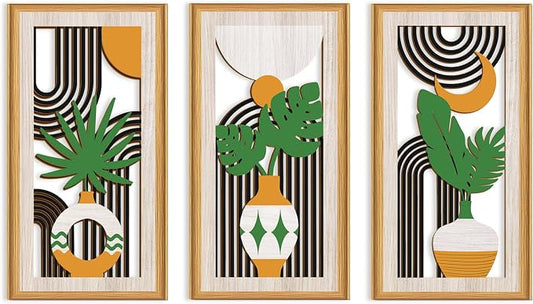 Celestdeco 3 Pcs Boho Botanical Wall Decor,Botanical Modern Wood Wall Art Bohemian Plants Hanging Decor Abstract Leaves Minimalist Wooden Art for Living Room Bedroom Office 7.9 x15.8 Inch