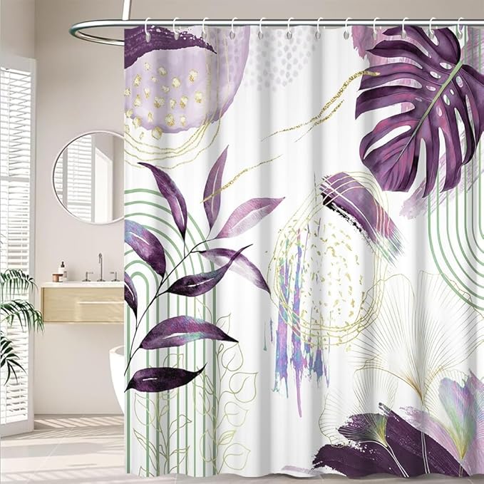 Mid Century Boho Shower Curtain Elegant Gold Purple Palm Leaf Abstract Minimalist Aesthetic Bathroom Decor Watercolor Plant Bathtub Curtains Washable Waterproof Polyester Fabric with Hooks 72x96 Inch