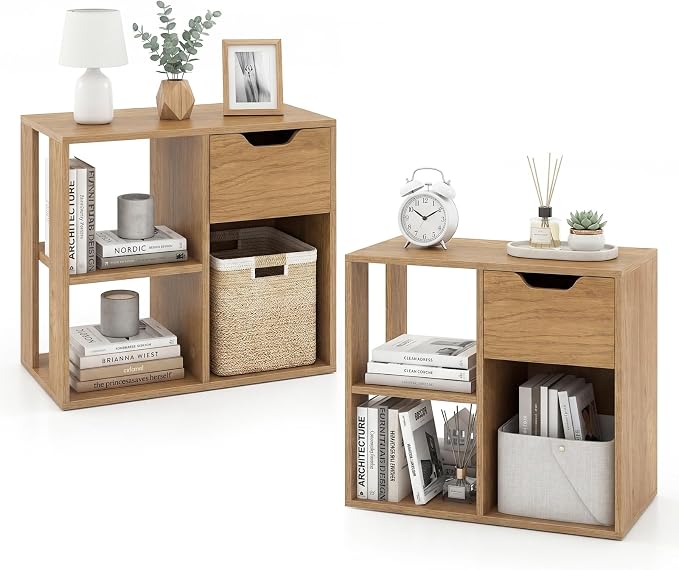 LOKO 3-Cube Bookshelf with Drawer Set of 2, 2-Tier Open Shelf Bookcase, Freestanding Display Shelf, Modern Home Storage Organizer, Shelving Unit for Living Room, Study, Office (2, Natural)