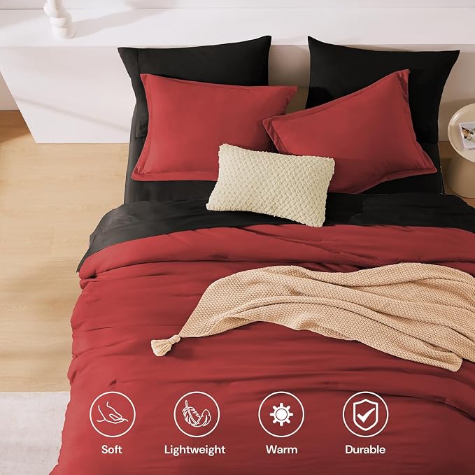 WRENSONGE Full Size Comforter Sets, 7 Pieces Bright Red Bed in a Bag with Fitted Sheet, Flat Sheet, 2 Pillow Shams, 2 Pillowcases, Warm Bedding Sets for All Season
