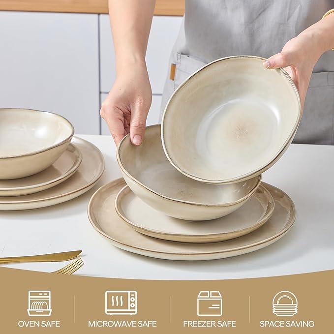 Bestone 12 Piece Round Kitchen Dinnerware Sets，Plates and Bowls sets,Dishes, Plates, Bowls, Dish Set, Chip Resistant Ceramic Dinnerware Set, Dishwasher/Microwave Safe,Service for 4,Brown