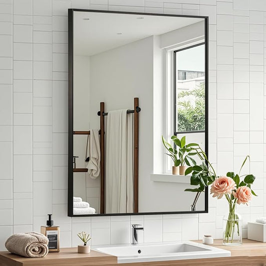 Black Bathroom Mirror, 30"x36" Rectangle Mirror, Matte Black Mirror, Metal Frame Square Corner Vanity Mirror, Wall Mounted Mirror for Modern, Living Room, Bedroom, Horizontal Or Vertical