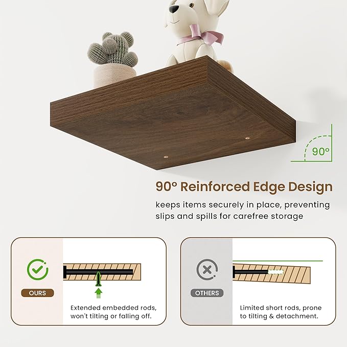Square Floating Shelves for Wall, 11.5"W x 11.5"D x 1.25"H, 3 Pack Small Wall Mounted Engineered Wood Shelves with Invisible Brackets for Living Room, Bedroom, Bathroom, Kitchen Decor, Walnut