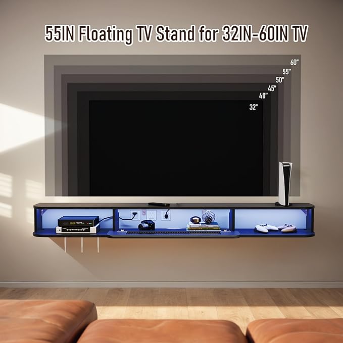 Floating TV Stand with LED Lights, 55'' Solid Wood Wall Mounted TV Cabinet with Glass Door, Mid-Century Entertainment Media Console Center Large Storage Shelf Under TV (55.11IN, Black)