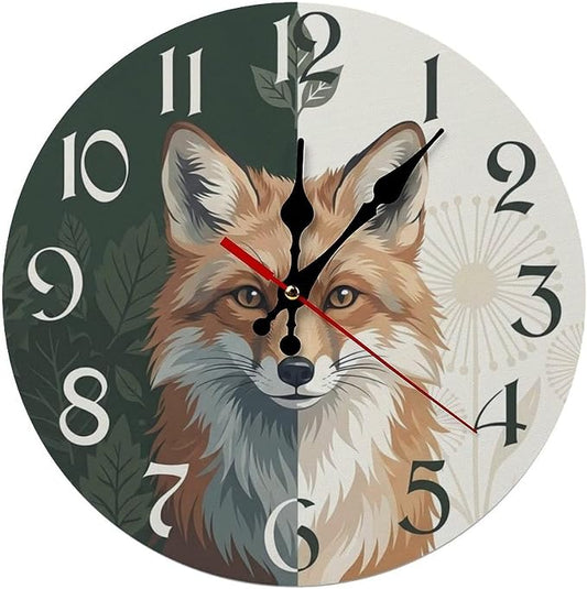 Whimsical Fox Forest Art Wooden Wall Clock Silent Non Ticking, Decorative Frameless Battery Operated Clock for Nursery Kids Room, Rustic Farmhouse Animal Decor Gift