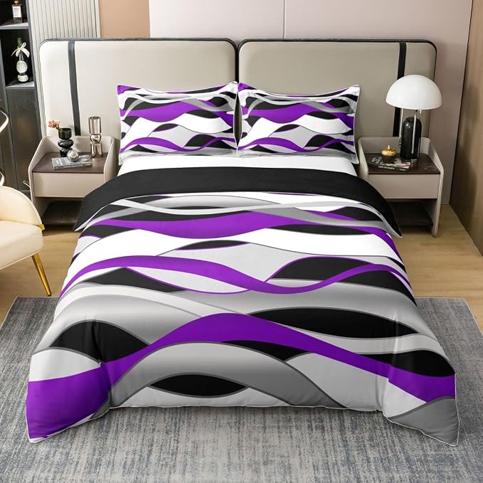Erosebridal Modern Geometric Bedding Set King Purple and Grey Striped 100% Cotton Duvet Cover Geometric Simple Pattern Comforter Cover for Kids Teens Adults Waves Art Stripes Bed Set 3 Pcs