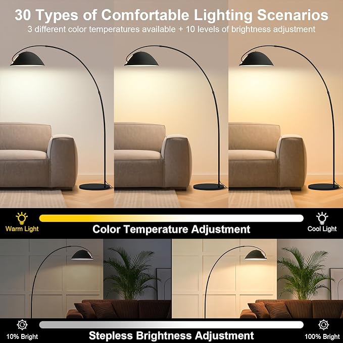 Black Arc Floor Lamp 72" Tall with Remote, Bright Dimmable 20W LED Smart Reading Light, Adjustable Over Couch Arc Standing Lamp for Living Room, Bedroom, Office, Modern Arched Metal Design,Foot Switch