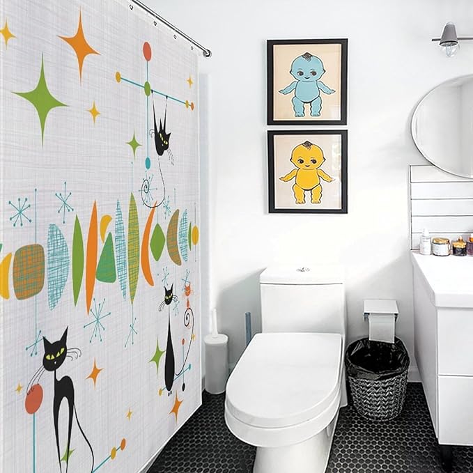 Mid Century Modern Shower Curtain, Retro Geometric Atomic Abstract Black Cat Pattern Middle Century 1950s 1960s Colorful Waterproof Fabric Bathroom Shower Curtain Set with Hooks, 72"x72" Inch
