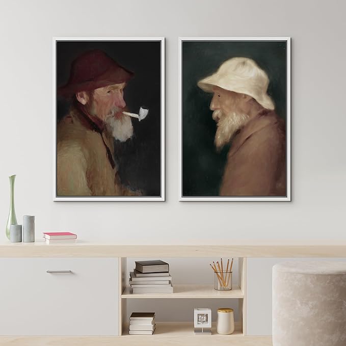 IDEA4WALL Framed Canvas Print Wall Art Set Vintage Old Fishermen Portrait Rustic Illustrations Modern Art Decorative Bohemian Calm/Zen for Living Room, Bedroom, Office - 16"x24"x2 White