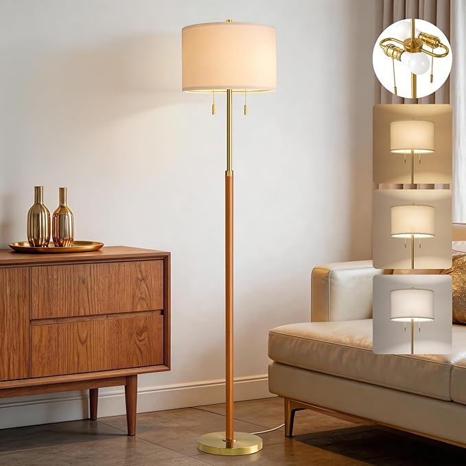 G-SAFAVA Floor Lamp 61" Wood Lamps for Living Room Bedroom 2-Lights Mid Century Modern Standing Tall Lamps for Office Nursery Corner Reading Room Lamp, 3 Color Temperatures 9W Bulbs Included, Gold
