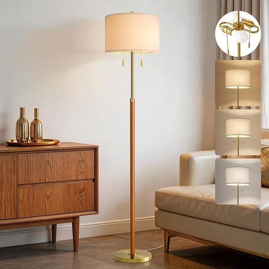G-SAFAVA Floor Lamp 61" Wood Lamps for Living Room Bedroom 2-Lights Mid Century Modern Standing Tall Lamps for Office Nursery Corner Reading Room Lamp, 3 Color Temperatures 9W Bulbs Included, Gold