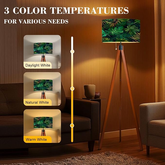 Wood Tripod Floor Lamp Seamless pattern exotic tropical plants modern style Trendy jungle Mid Century Standing Lamp Linen Shade Dimmable Modern Tall lamp Home Decor for Living Room Bedroom Office