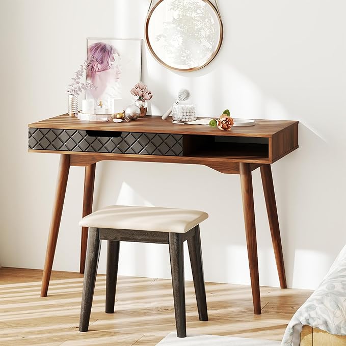 Giantex Mid Century Modern Desk, 42.5" Vintage Computer Desk with Storage Drawer & Rubber Wood Legs, Makeup Vanity Table, Wood Computer Workstation, Small Writing Desk for Bedroom, Small Space, Walnut