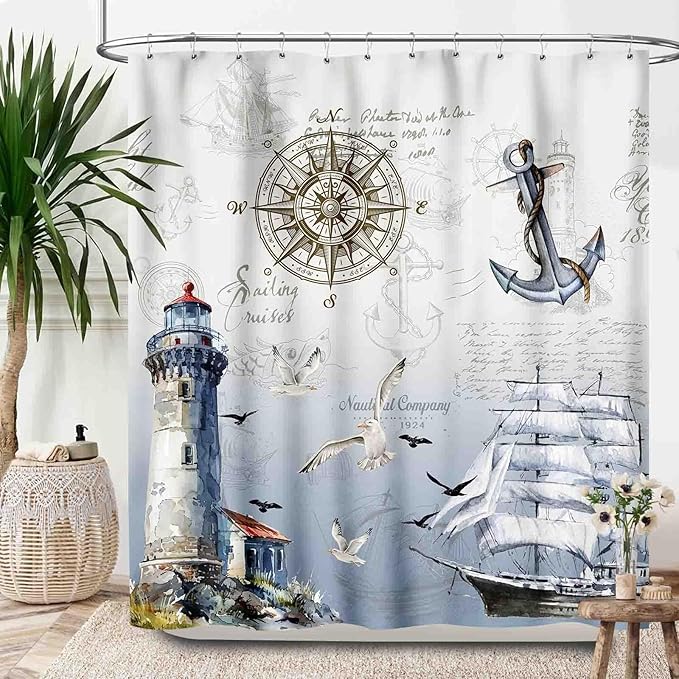 Nautical Shower Curtain,Coastal Lighthouse Compass Anchor Sailboat Bathroom Decor Fabric Waterproof Bathroom Curtain with Hooks,72x78Inch