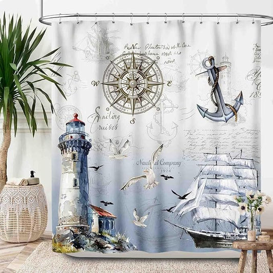 Nautical Shower Curtain,Coastal Lighthouse Compass Anchor Sailboat Bathroom Decor Fabric Waterproof Bathroom Curtain with Hooks,72x84Inch