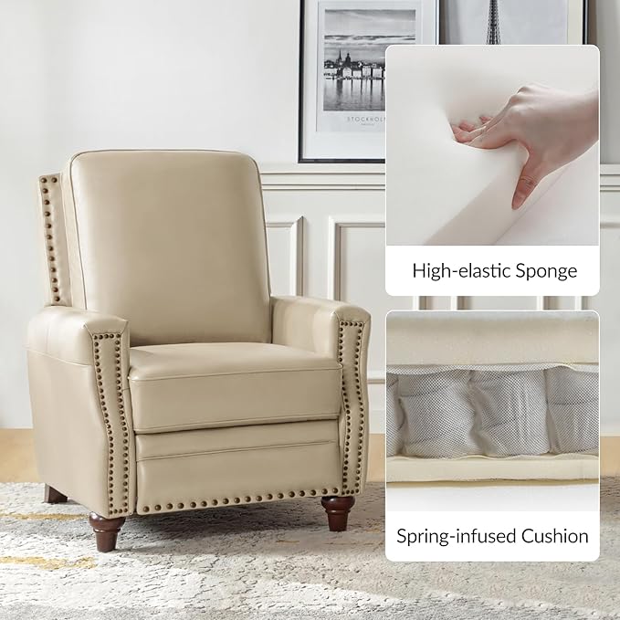 HULALA HOME Genuine Leather Recliner Chair, Classic Push Back Recliner Armchair with Thick Seat and Backrest, Comfy Adjustable Home Theater Single Recliner w/Nailhead Decor for Living Room (Beige)