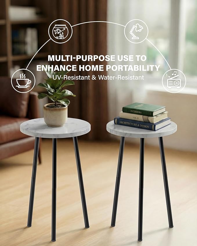Plant Stand Indoor 2 Pack: Corner Wood 20 Inch Plant Stand Mid Century Modern Decor - Small Round Plant Table for Indoor Plants - Plant Holder for Patio Living Room Bathroom Office (White Marble)