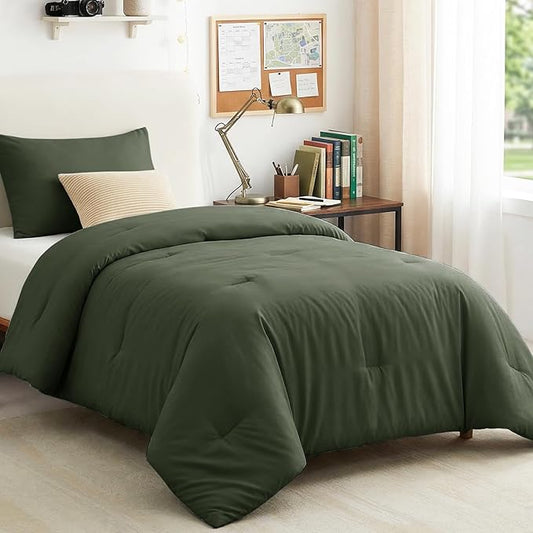 CozyLux Twin Comforter Set College Dorm Essentials, 2 Pieces Dark Green Twin Extra Long Solid Bedding Set, Twin XL Bed Set with Down Alternative Comforter and 1 Pillowcase, Back to School Room Gift