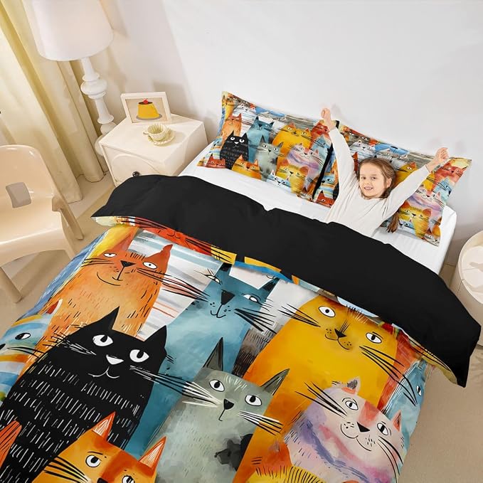 Erosebridal Trendy Cats Comforter Cover Full Cute Pets Cat Bedding Set Abstract Cat Animals Duvet Cover for Kids Girls Boys Adults Oil Painting Strokes Brush Bed Set