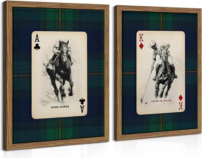 Framed Vintage Playing Card Wall Art Set of 2, Classic Polo Rider and Race Horse Canvas Prints, Retro Equestrian Sketch Poster, Old-Money Sports Wall Decor for Study Home Office Game Room 12x16in