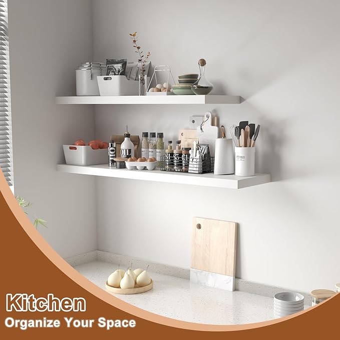 12 Inch Deep Floating Shelves, 36" W x 12" D Wood Floating Shelves for Wall, Large Storage Space Wall Mount Shelf with Invisible Brackets for Living Room Kitchen Bathroom, 1 Pack, White