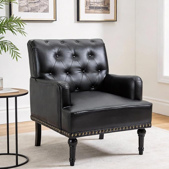 MOJAY Faux Leather Accent Chair, Mid-Century Armchair Living Room Sofa Chair with Rubber Wood Leg, Club Chair with Rivet Trim for Bedroom Reading Room Reception (Black)