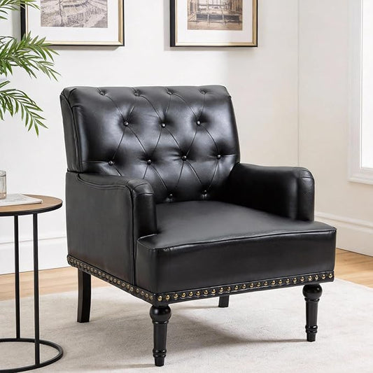 MOJAY Faux Leather Accent Chair, Mid-Century Armchair Living Room Sofa Chair with Rubber Wood Leg, Club Chair with Rivet Trim for Bedroom Reading Room Reception (Black)