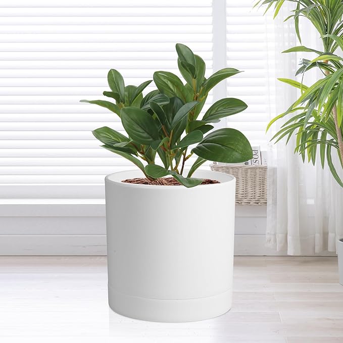 Meowell 7/6.5/6/5/4 inch Flower Pots, 5 Pack Cylinder Plant Pots for Small Indoor Outdoor Plants, Plastic Planters with Drainage Holes and Saucers for Garden Succulent Nursery House Plants, White