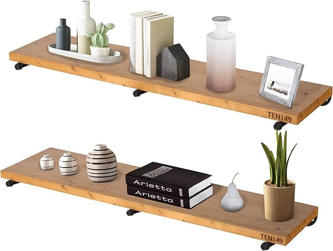 TEN49 Real Wood Rustic Floating Shelves Wall - 48 Wide Small Wooden Industrial Pipe Shelving - Farmhouse Pipe Wall Shelves Furniture Bathroom Decor Art Shelf Kitchen - Light Walnut Color - Set of 2